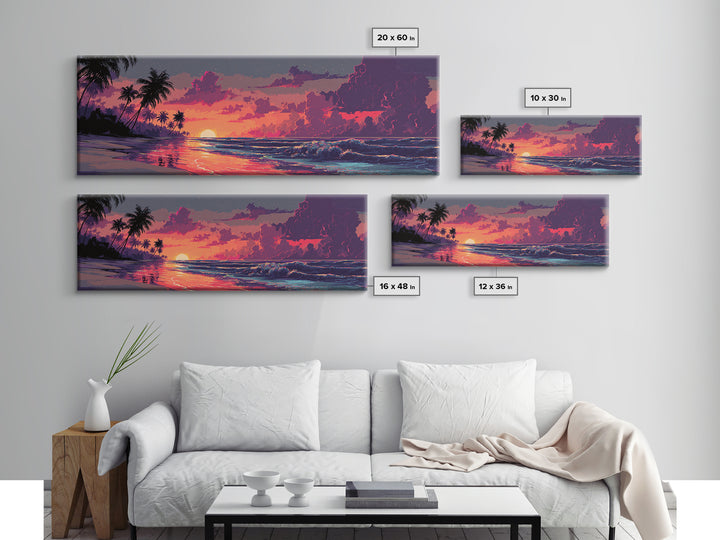 Tropical Palm Beach Sunset Wall Art, Coastal Home Decor, Ocean Wave Print, Beach House Canvas, Summer Living Room Decor Gift