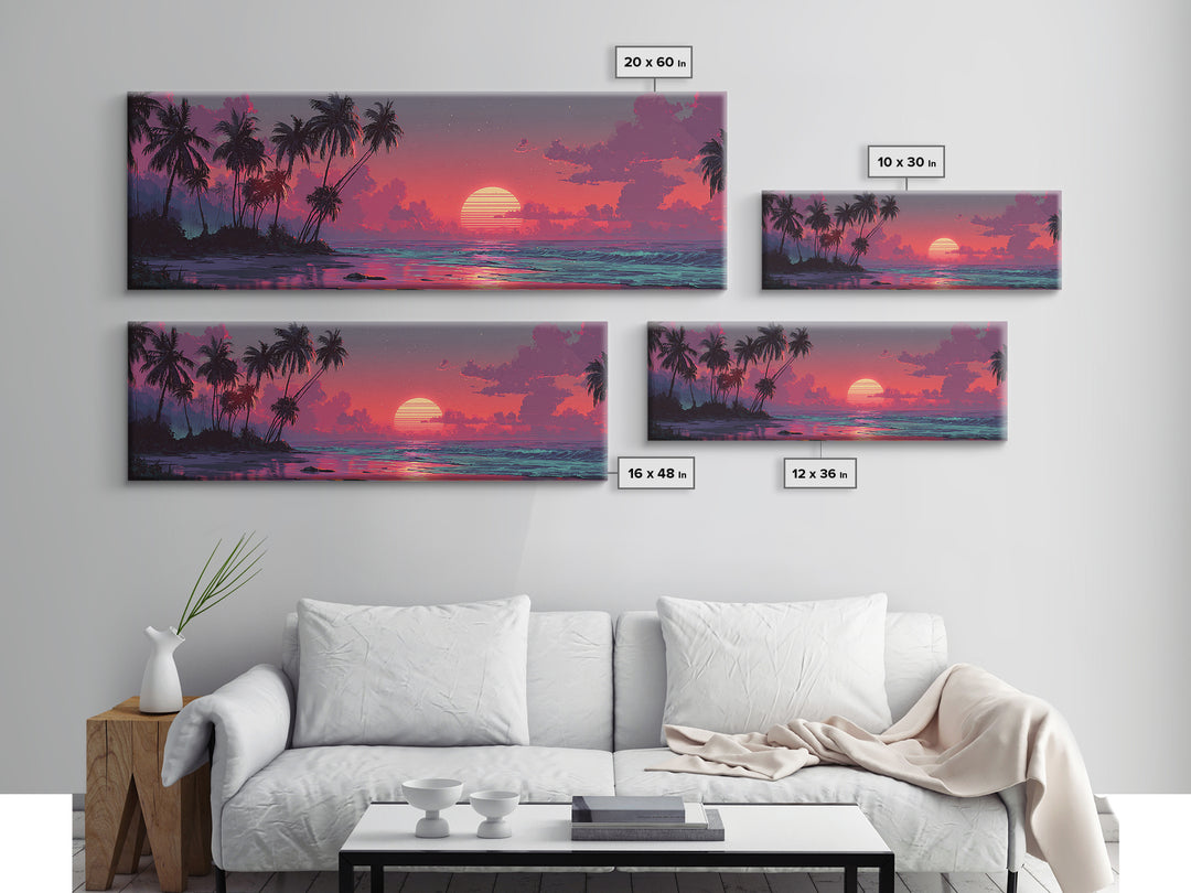 Tropical Island Sunset Canvas Print, Retro Beach Wall Art, Palm Tree Ocean Decor, Modern Coastal Bedroom Poster, Summer Vibes