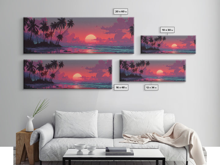 Tropical Island Sunset Canvas Print, Retro Beach Wall Art, Palm Tree Ocean Decor, Modern Coastal Bedroom Poster, Summer Vibes