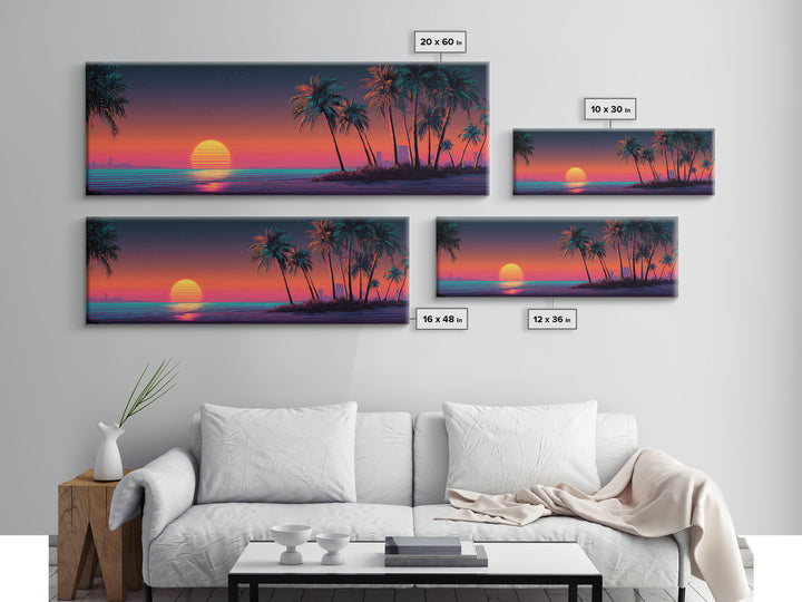 Retro Neon Beach Sunset With Palm Trees Wall Art, Synthwave Coastal Canvas Print, Tropical Ocean Decor, Large Panoramic Living Room Art