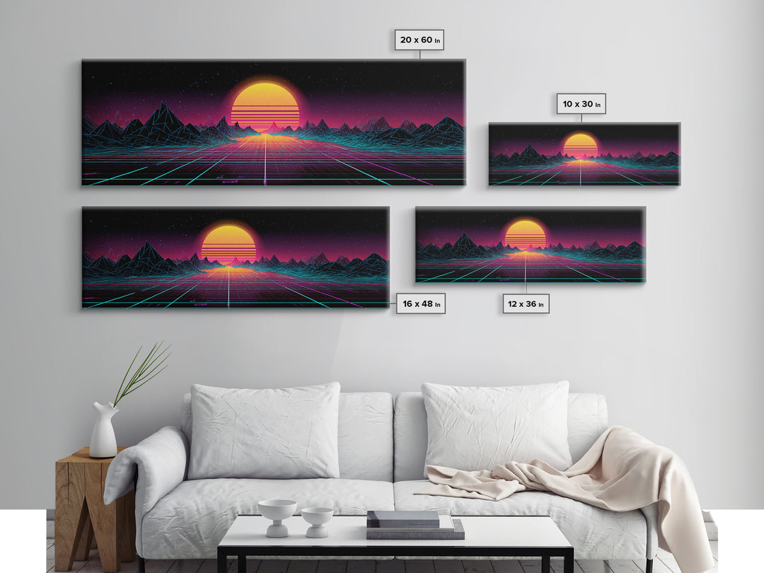 Retro Synthwave Sunset Mountain Wall Art, Vaporwave Canvas Print For Gaming Room Decor, Neon 80s Poster And Dorm Decor Gift