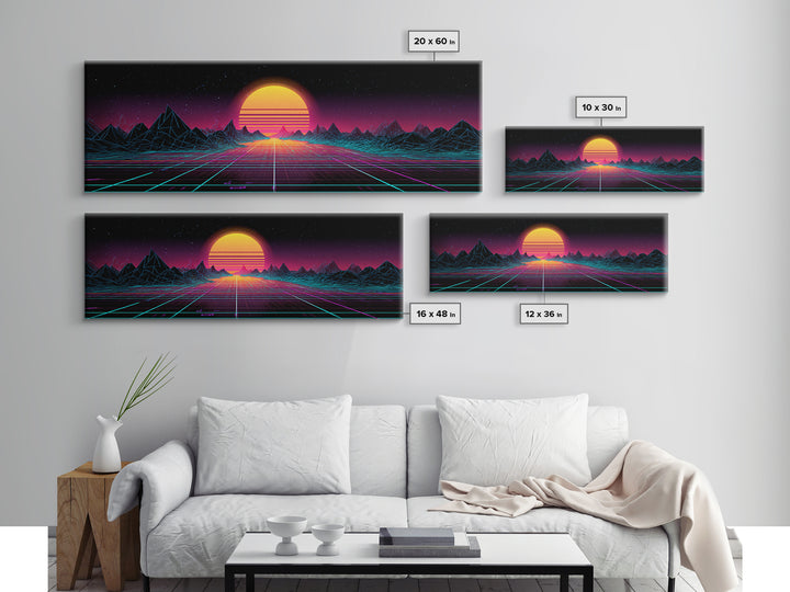 Retro Synthwave Sunset Mountain Wall Art, Vaporwave Canvas Print For Gaming Room Decor, Neon 80s Poster And Dorm Decor Gift