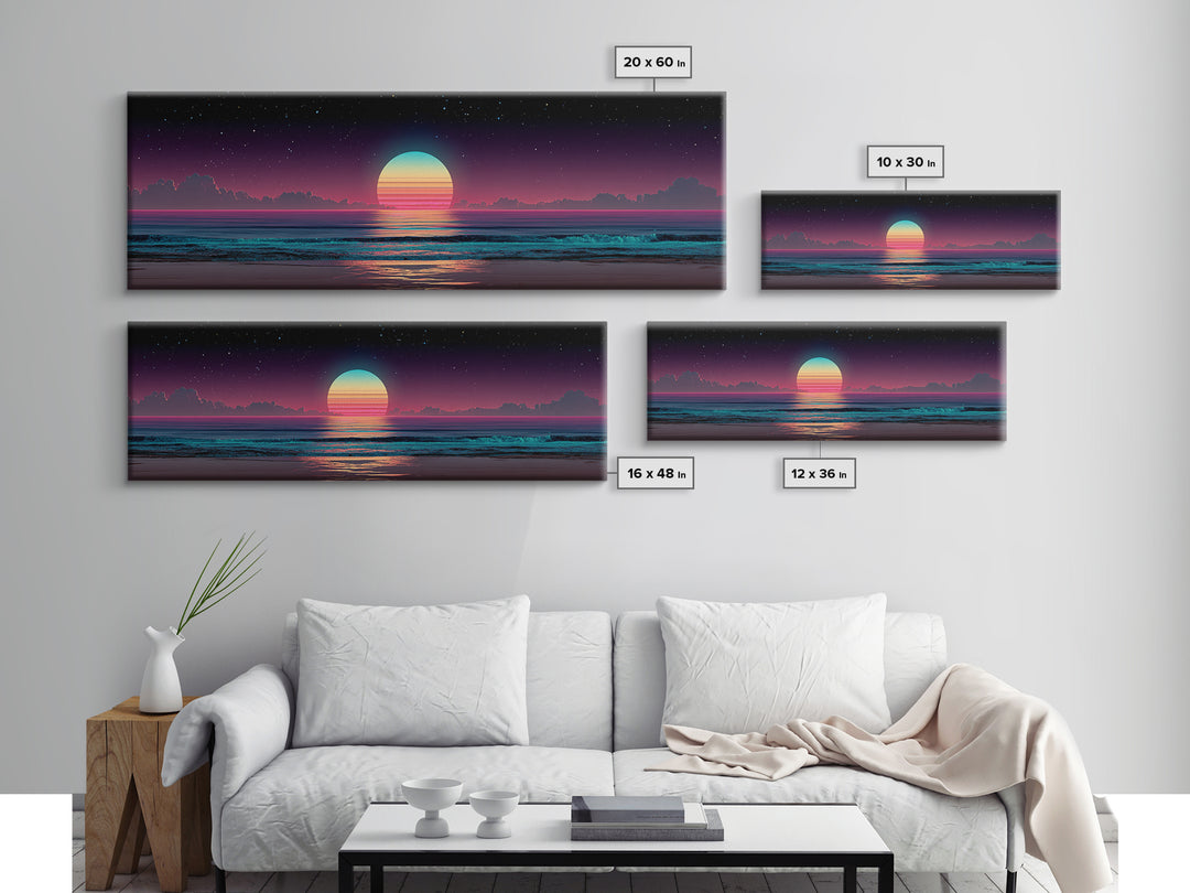 Retro Cosmic Ocean Sunset Canvas Print, Neon Beach Wall Art, Synthwave Seascape, Coastal Decor, Bedroom Poster, Home Decor