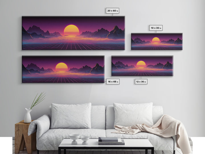 Neon Retro Futuristic Sunset Wall Art, Synthwave Mountain Grid Canvas, Vaporwave Decor, Gaming Room Poster, 80s Art, Cyberpunk Gift