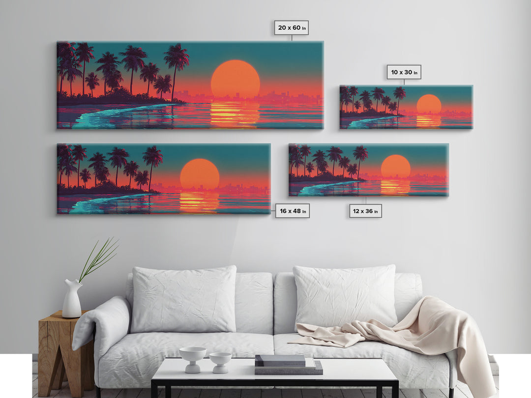 Retro Tropical Sunset Canvas Print, Palm Tree Beach Wall Art, Coastal Decor, Ocean Landscape, Summer Vibes, Large Wall Decor