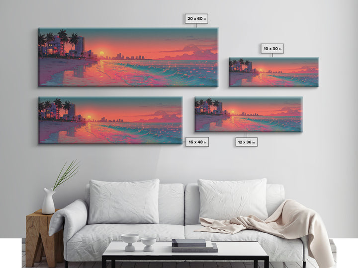 Pixel Art Beach Sunset And Neon Shoreline Wall Art, Miami Coastal Print, Retro Travel Poster, Ocean Decor For Living Room