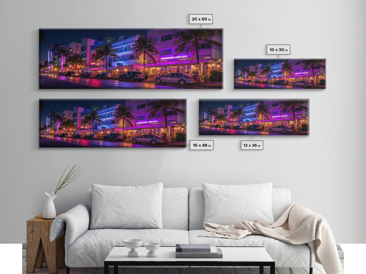 Neon Miami Beach Street Canvas Print, Art Deco Hotel Wall Art, Tropical Nightlife, Travel Poster, Cityscape Home Decor Print