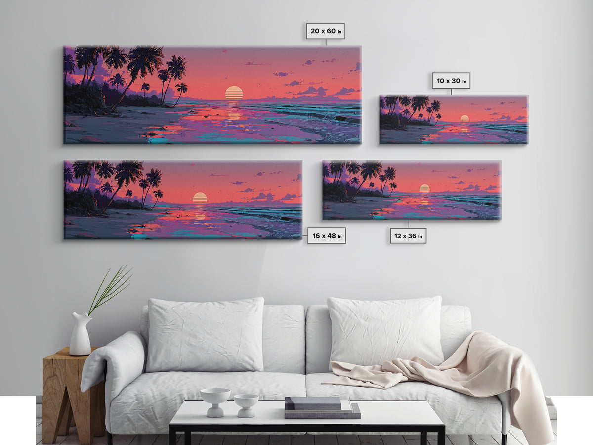 Pink Tropical Island Sunset With Palms Canvas Print, Beach Wall Art, Coastal Home Decor, Ocean Poster, Summer Gift For Her