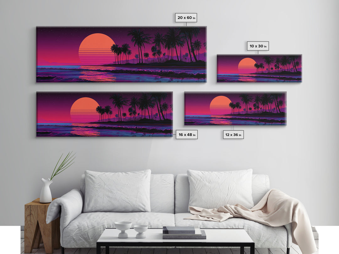 Neon Tropical Palm Sunset Canvas Print, Retro Beach Wall Art, Synthwave Coastal Decor, Vibrant Living Room Poster, Dopamine Decor Gift