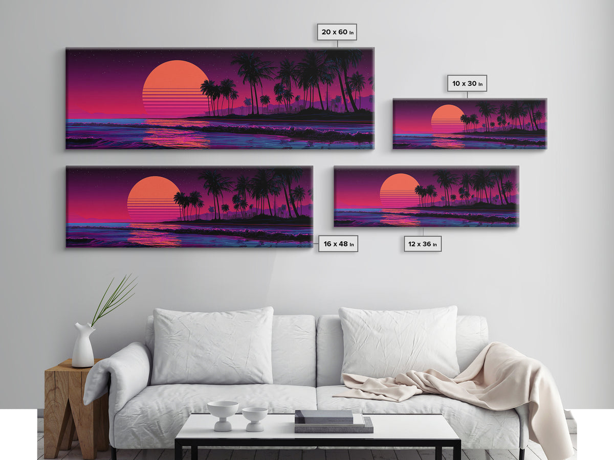 Neon Tropical Palm Sunset Canvas Print, Retro Beach Wall Art, Synthwave Coastal Decor, Vibrant Living Room Poster, Dopamine Decor Gift