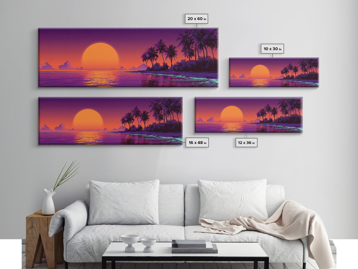 Retro Tropical Sunset Beach Island Wall Art, Purple Ocean Canvas Print, Palm Tree Vaporwave Decor, Coastal Summer Gift For Her