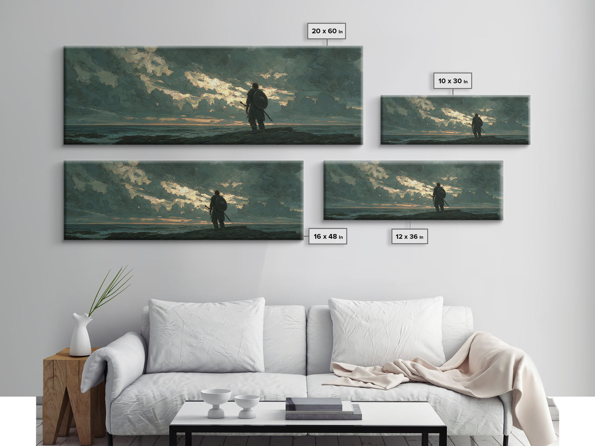 Lone Shield Warrior Under Stormy Coastal Sky Wall Art, Moody Seascape Landscape Print, Masculine Office Decor Gift For Him