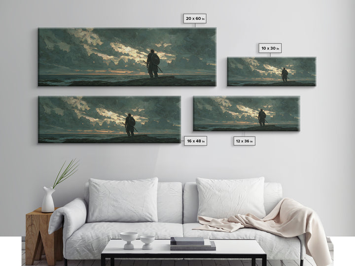 Lone Shield Warrior Under Stormy Coastal Sky Wall Art, Moody Seascape Landscape Print, Masculine Office Decor Gift For Him