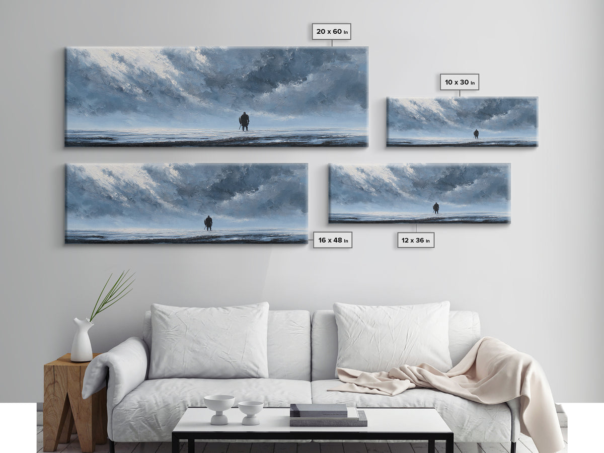 Lone Figure In Icy Storm Canvas Print, Blue Abstract Seascape Wall Art, Moody Ocean Landscape For Modern Living Room Decor