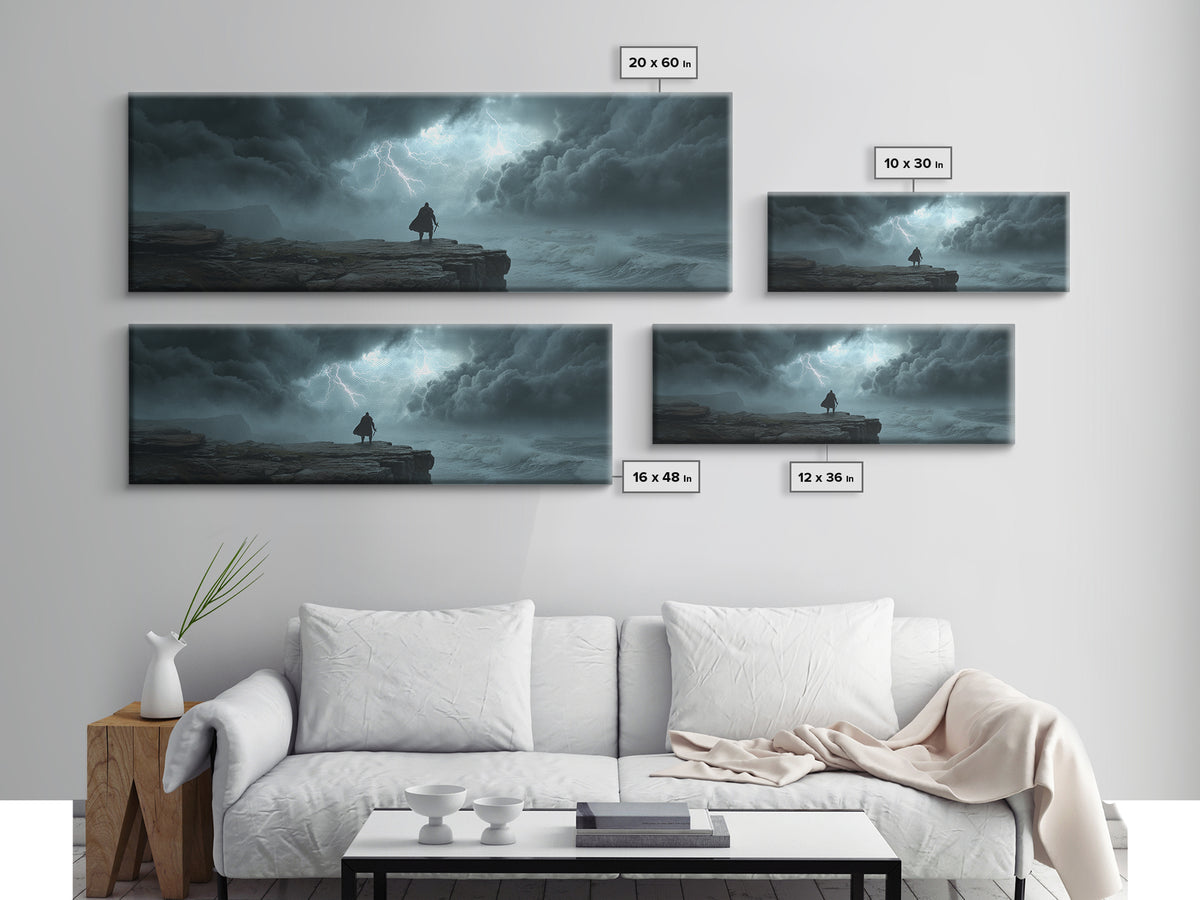 Cloaked Wanderer Under Lightning Canvas Print, Dark Storm Seascape Wall Art, Fantasy Landscape Decor, Moody Office Art Print