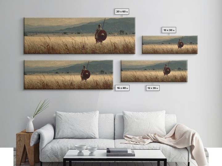 Lone Spearman In Golden Field Canvas Print, Ancient Warrior Landscape, Rustic Wall Art, Historical Decor, Long Horizontal Art