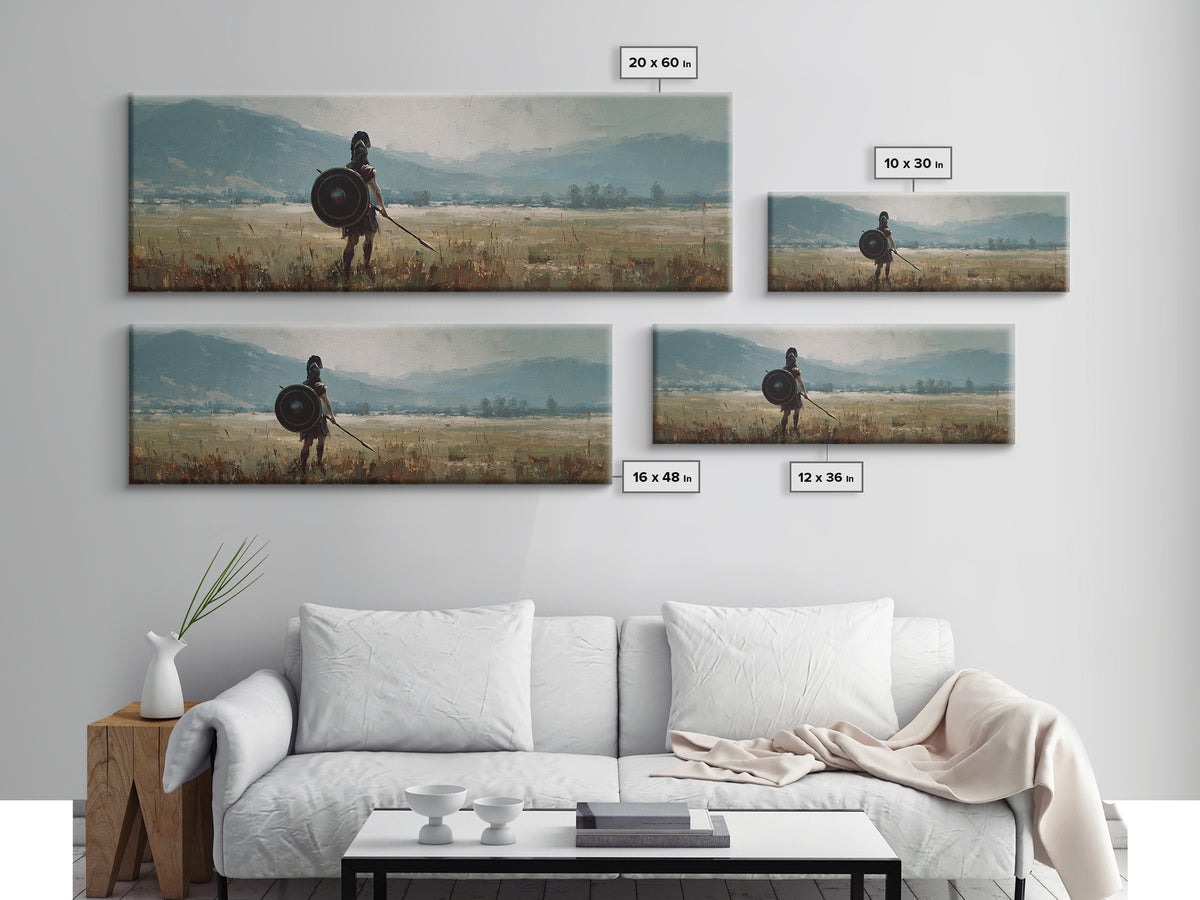 Lone Shield Warrior Landscape Wall Art, Viking Fantasy Canvas, Mountain Battlefield Print, Rustic Medieval Home Decor Gift