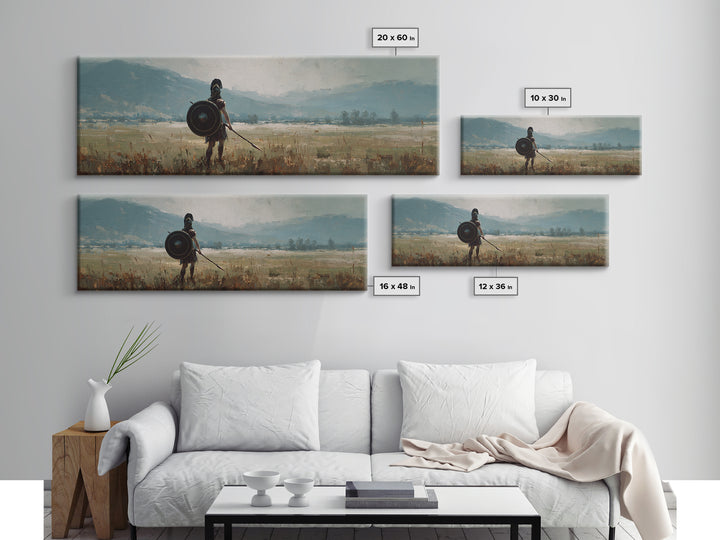 Lone Shield Warrior Landscape Wall Art, Viking Fantasy Canvas, Mountain Battlefield Print, Rustic Medieval Home Decor Gift