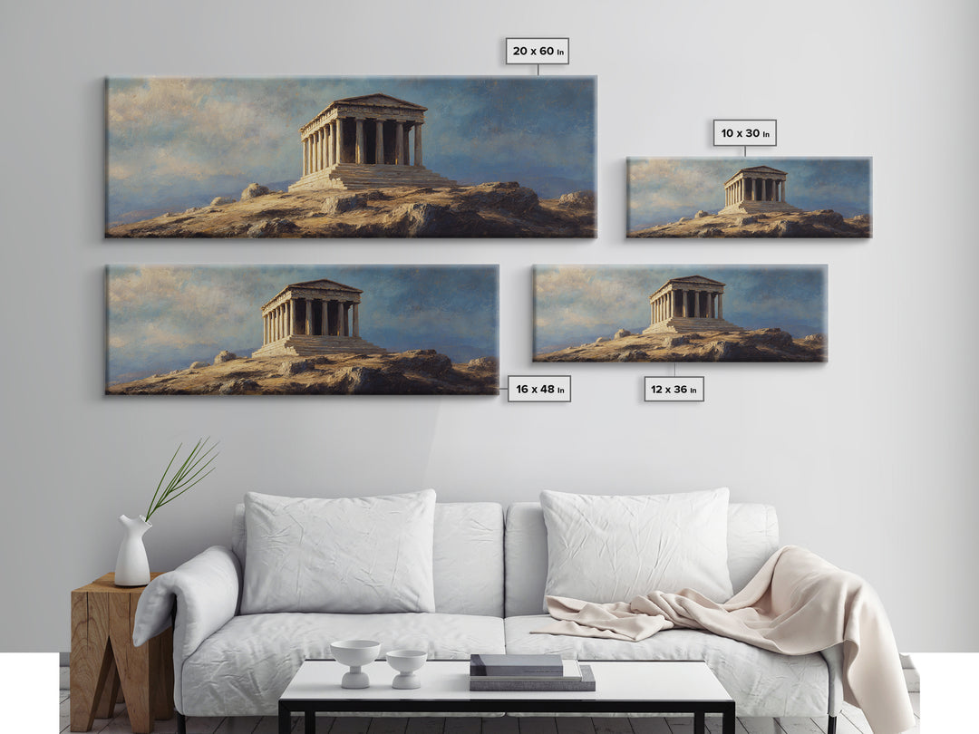 Ancient Greek Temple On Rocky Hill Wall Art, Classical Landscape Painting, European Decor, Large Framed Canvas Print For Home