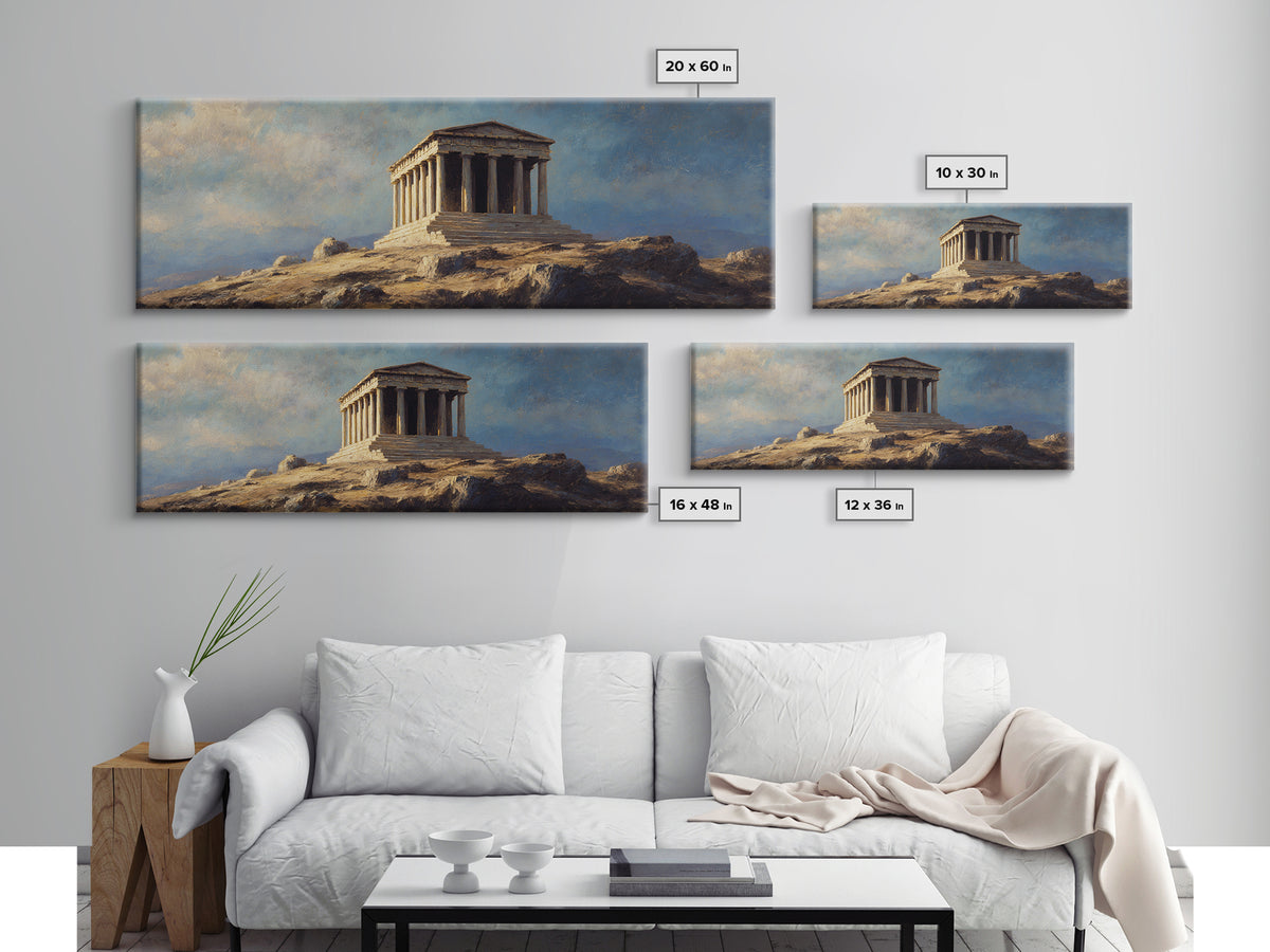 Ancient Greek Temple On Rocky Hill Wall Art, Classical Landscape Painting, European Decor, Large Framed Canvas Print For Home