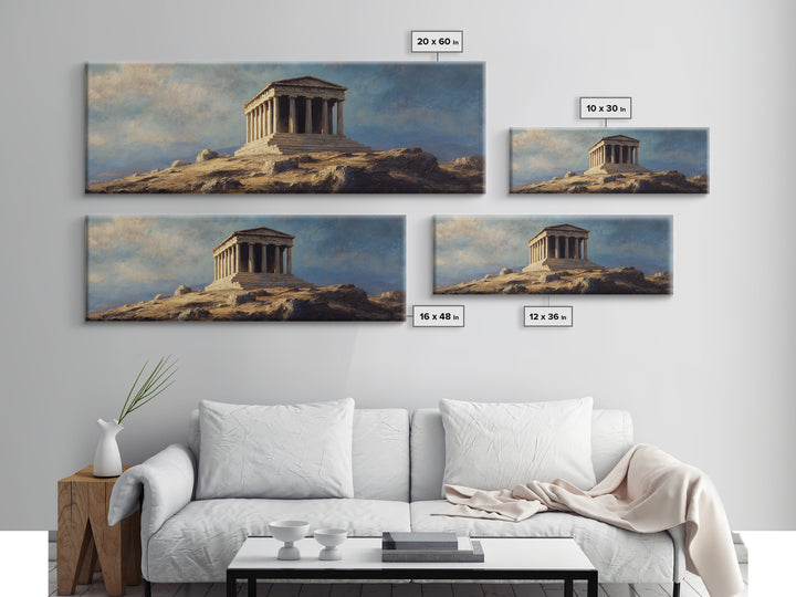 Ancient Greek Temple On Rocky Hill Wall Art, Classical Landscape Painting, European Decor, Large Framed Canvas Print For Home