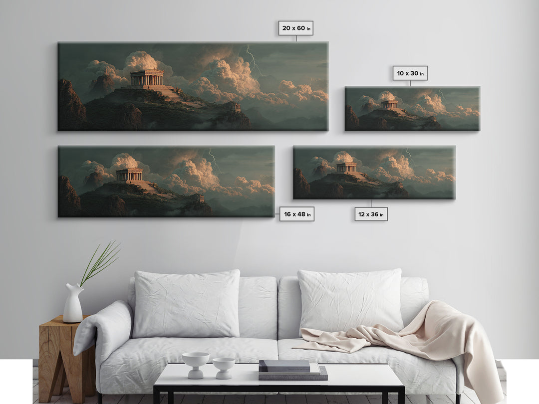 Ancient Greek Temple Above Stormy Peaks Wall Art, Mythological Landscape Canvas Print, Classical Decor, Dramatic Office Art