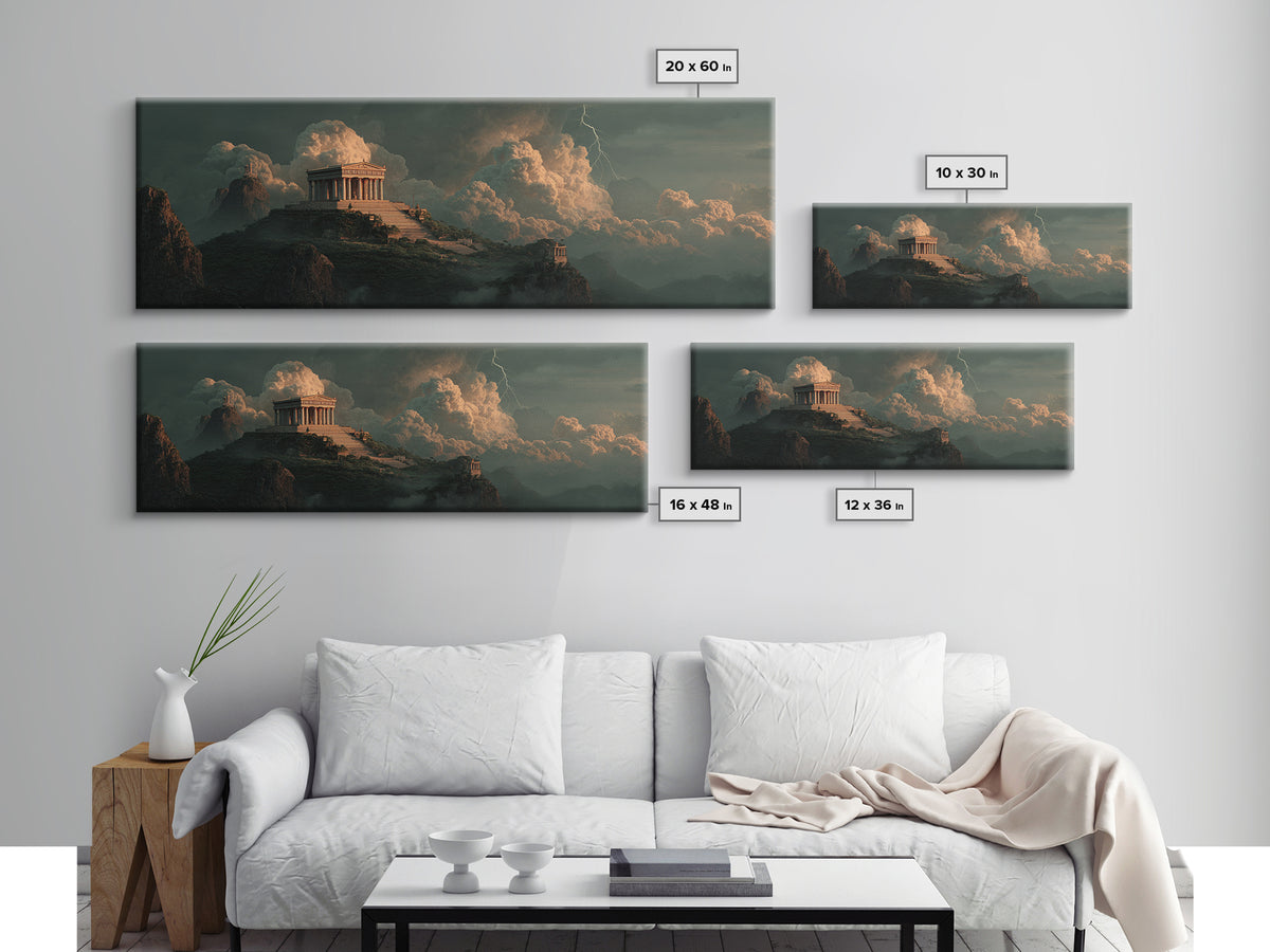 Ancient Greek Temple Above Stormy Peaks Wall Art, Mythological Landscape Canvas Print, Classical Decor, Dramatic Office Art