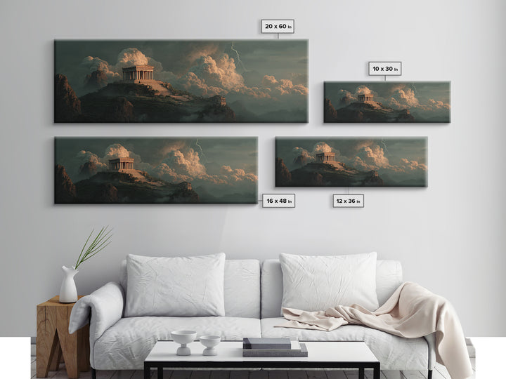 Ancient Greek Temple Above Stormy Peaks Wall Art, Mythological Landscape Canvas Print, Classical Decor, Dramatic Office Art