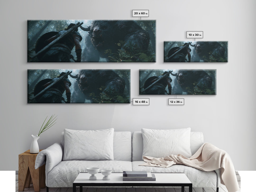 Warrior Facing Giant Forest Beast Canvas Print, Dark Fantasy Wall Art, Mythical Creature Decor, Dramatic Game Room Poster