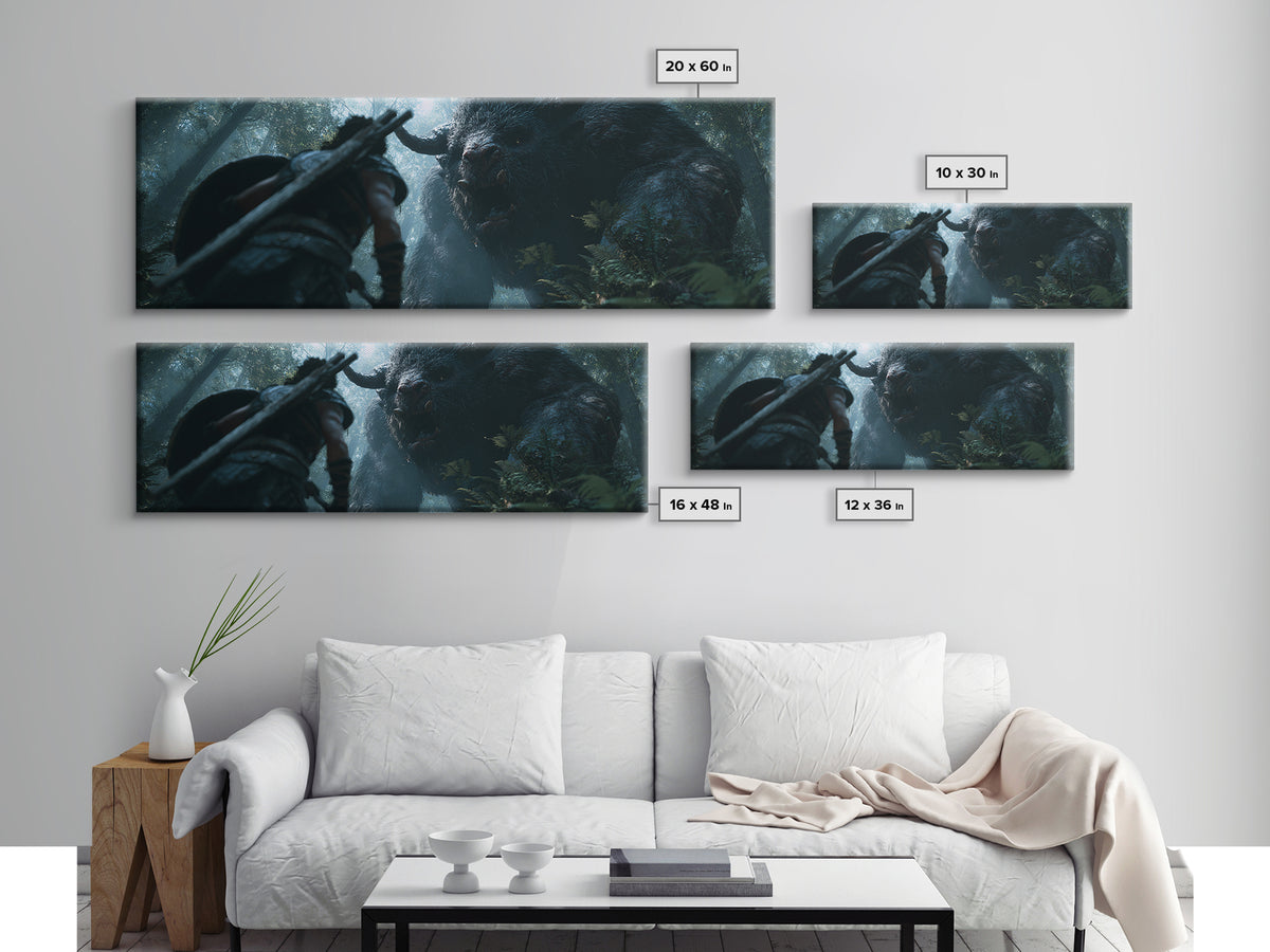Warrior Facing Giant Forest Beast Canvas Print, Dark Fantasy Wall Art, Mythical Creature Decor, Dramatic Game Room Poster