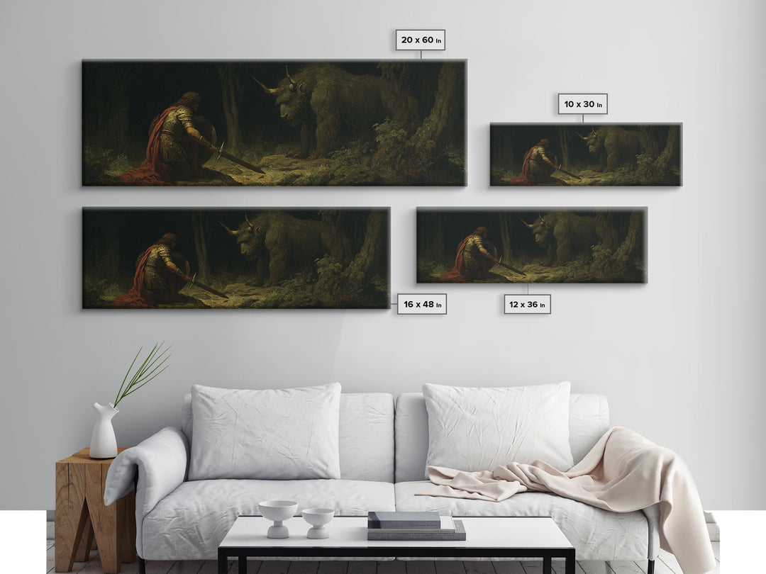 Kneeling Knight Facing Dark Forest Unicorn Wall Art, Mythical Fantasy Canvas Print, Gothic Fairytale Decor Unique Gift For Him