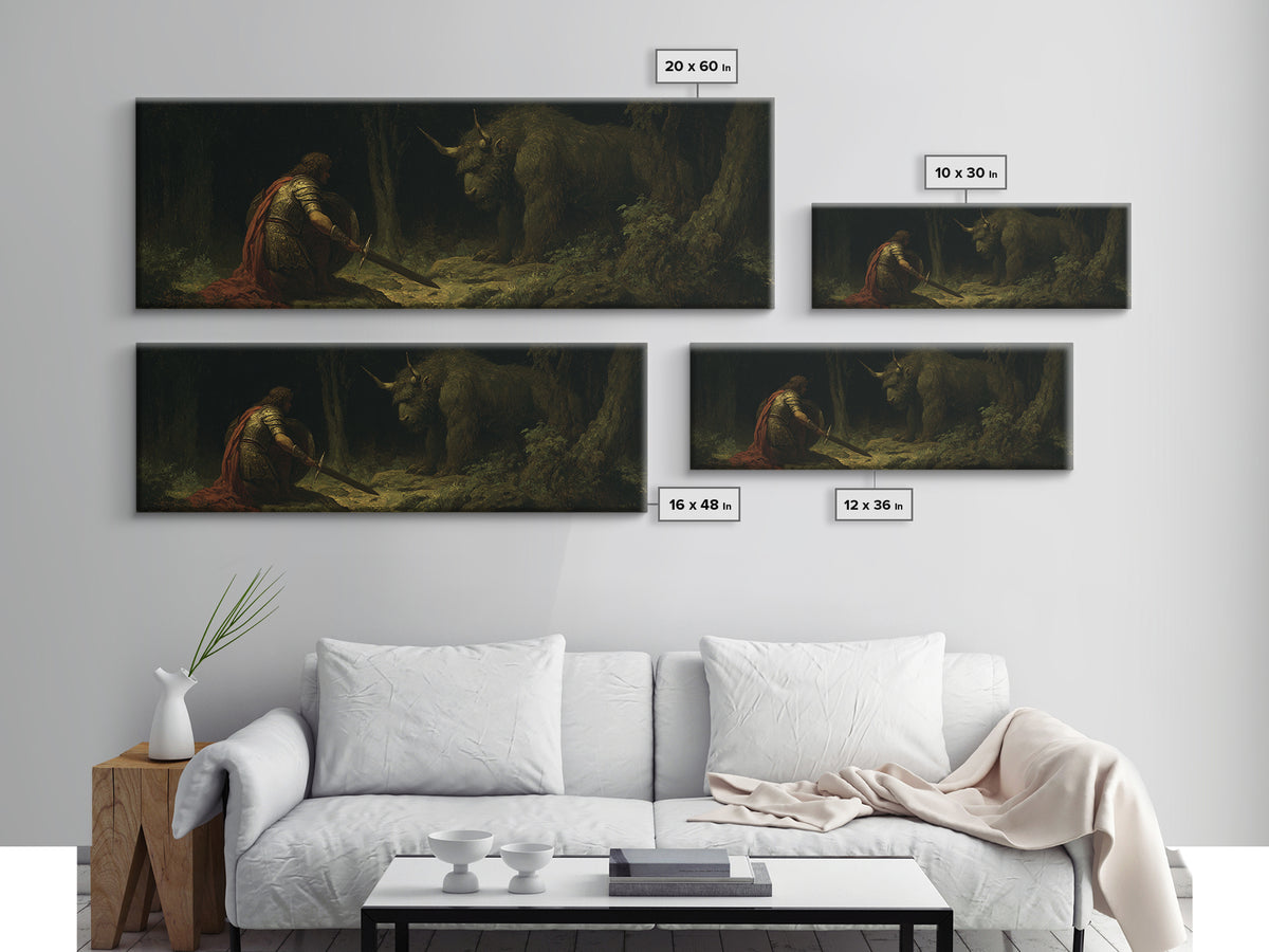 Kneeling Knight Facing Dark Forest Unicorn Wall Art, Mythical Fantasy Canvas Print, Gothic Fairytale Decor Unique Gift For Him