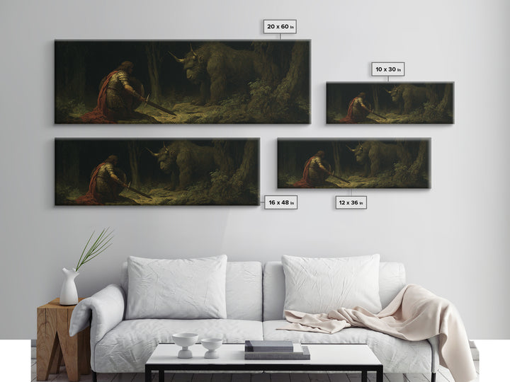 Kneeling Knight Facing Dark Forest Unicorn Wall Art, Mythical Fantasy Canvas Print, Gothic Fairytale Decor Unique Gift For Him