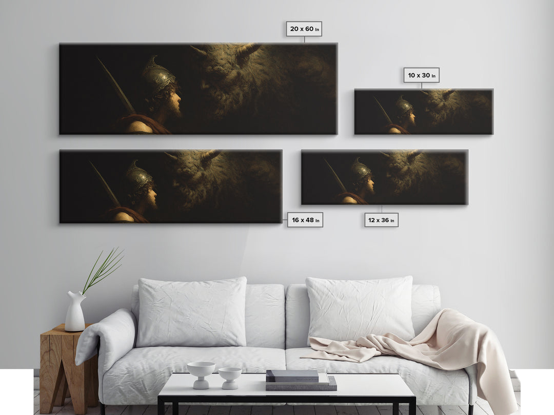 Ancient Warrior Facing Horned Beast Canvas Print, Dark Fantasy Mythology Wall Art, Dramatic Gothic Decor For Living Room