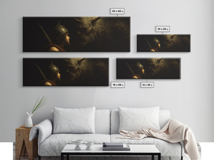 Ancient Warrior Facing Horned Beast Canvas Print, Dark Fantasy Mythology Wall Art, Dramatic Gothic Decor For Living Room