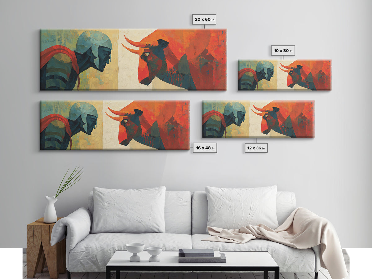 Modern Warrior And Red Bull Canvas Print, Geometric Mythology Wall Art, Mid Century Abstract Decor For Bold Living Room Art
