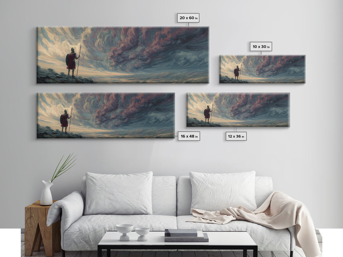 Lone Warrior Under Stormy Sky Wall Art, Dramatic Fantasy Landscape Canvas Print, Moody Large Horizontal Living Room Decor