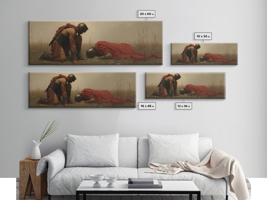 Kneeling Warrior Beside Fallen Soldier Wall Art, Historical Battlefield Canvas Print, Dramatic Masculine Living Room Decor