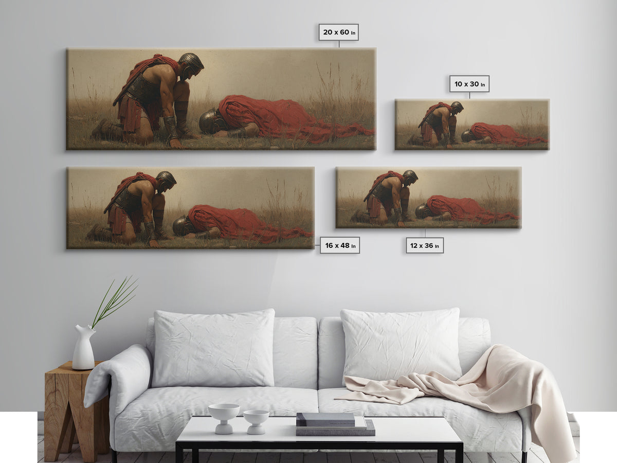 Kneeling Warrior Beside Fallen Soldier Wall Art, Historical Battlefield Canvas Print, Dramatic Masculine Living Room Decor