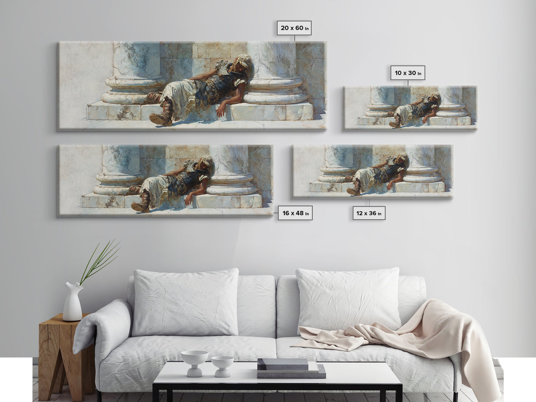 Resting Roman Soldier By Marble Columns Wall Art, Ancient Warrior Oil Painting Print, Classical History Decor, Housewarming Gift