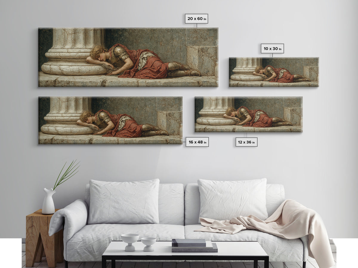 Resting Roman Soldier By Marble Column Framed Canvas Print, Classical Wall Art, Dark Academia Decor, Historical Gift For Him
