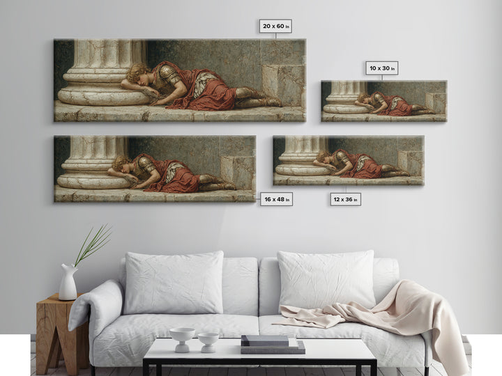 Resting Roman Soldier By Marble Column Framed Canvas Print, Classical Wall Art, Dark Academia Decor, Historical Gift For Him
