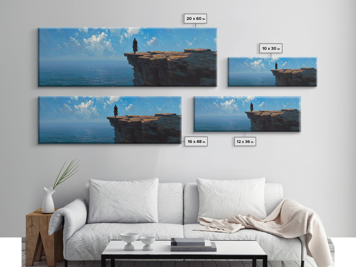 Lone Figure On Ocean Cliff Wall Art, Moody Coastal Landscape Canvas, Blue Seascape Print, Large Living Room Decor, Housewarming Gift