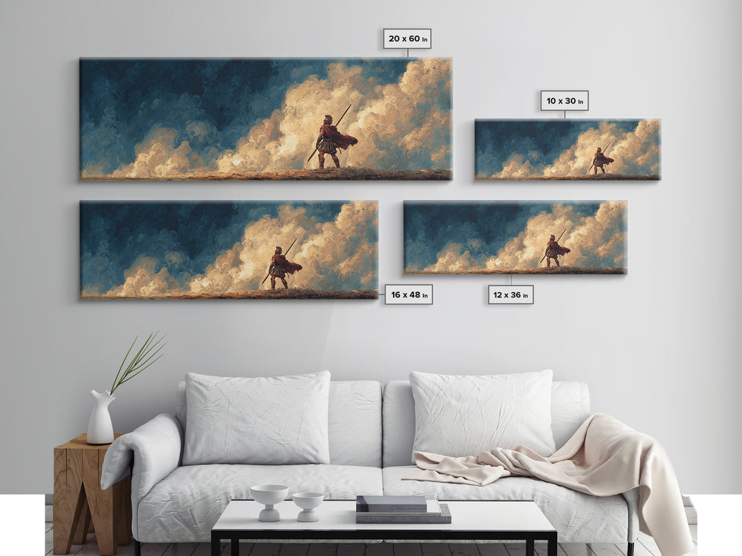 Lone Spearman Facing Golden Clouds Wall Art, Heroic Fantasy Landscape Canvas, Modern Masculine Office Decor Gift For Him