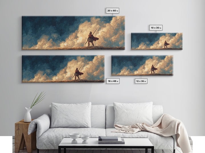 Lone Spearman Facing Golden Clouds Wall Art, Heroic Fantasy Landscape Canvas, Modern Masculine Office Decor Gift For Him