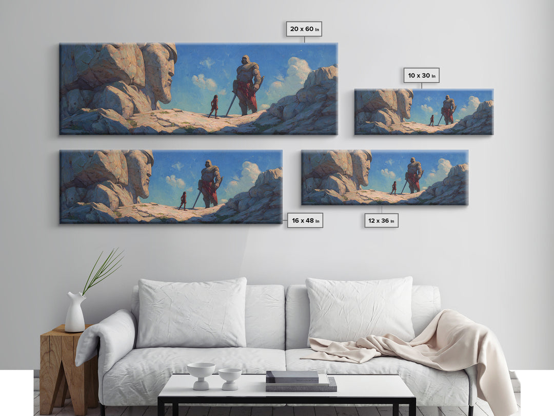 Giant Stone Guardians In Mountain Pass Canvas Print, Epic Fantasy Landscape Art, Dnd Room Decor, Adventure Wall Decor Gift