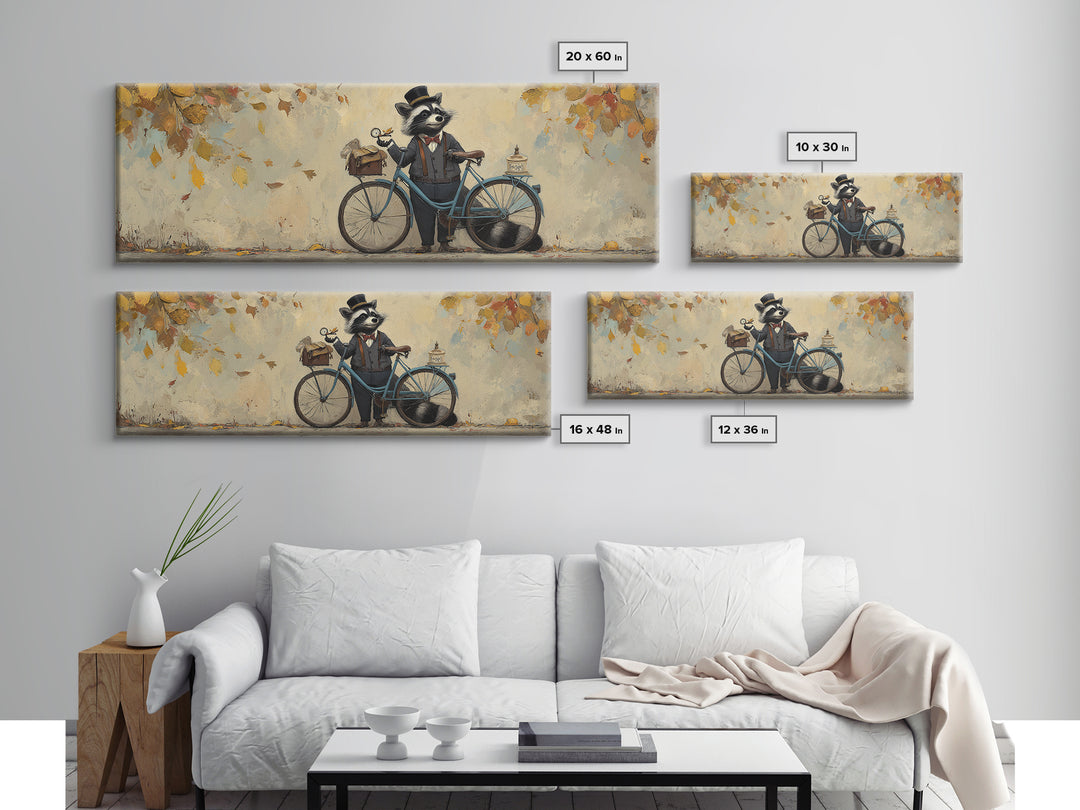 Dapper Raccoon With Bicycle Canvas Print, Whimsical Woodland Animal Wall Art, Autumn Nursery Decor, Cute Kids Room Gift For Her
