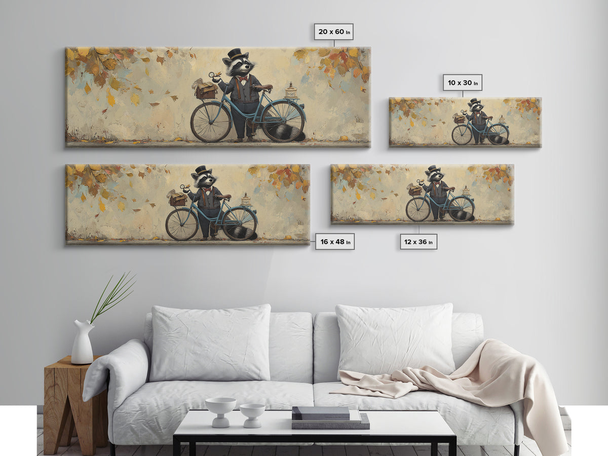 Dapper Raccoon With Bicycle Canvas Print, Whimsical Woodland Animal Wall Art, Autumn Nursery Decor, Cute Kids Room Gift For Her