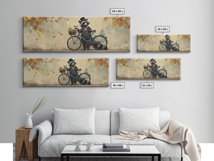 Dapper Raccoon With Bicycle Canvas Print, Whimsical Woodland Animal Wall Art, Autumn Nursery Decor, Cute Kids Room Gift For Her