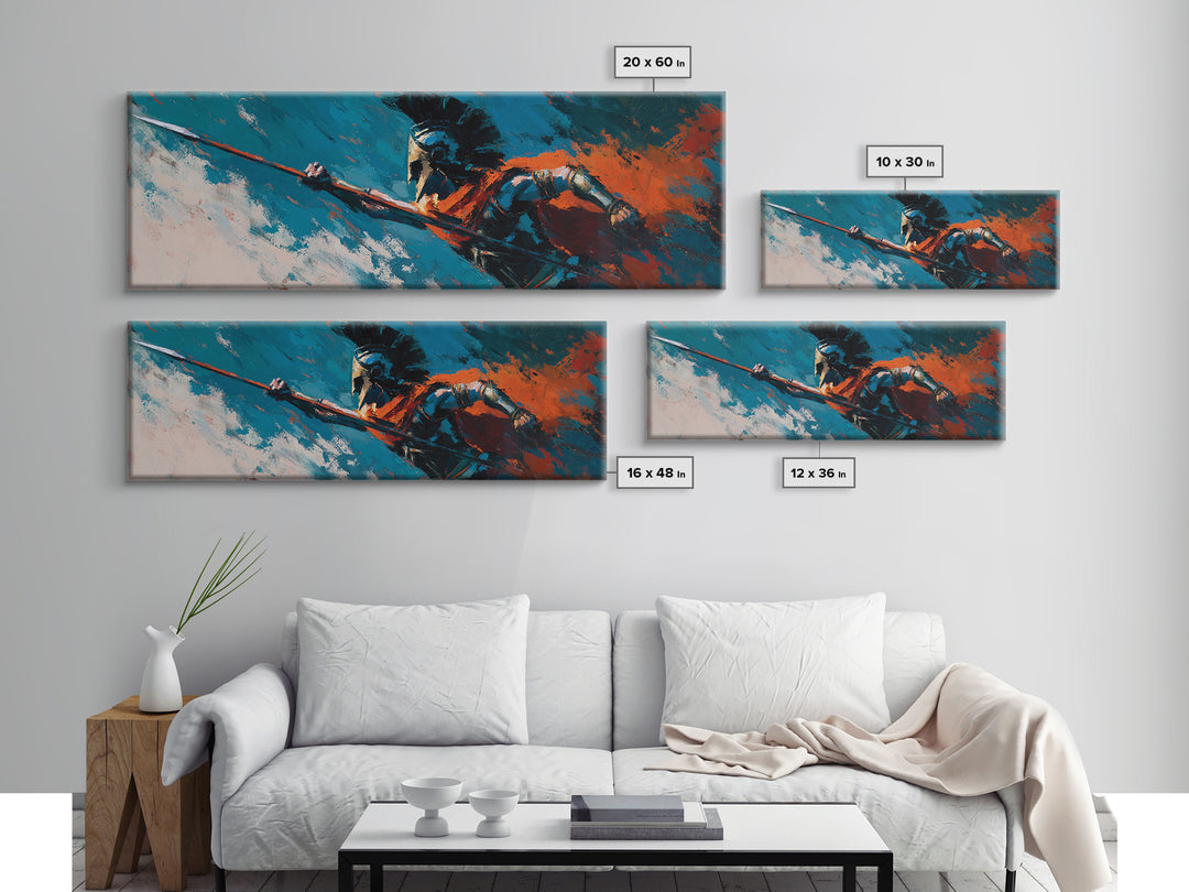 Spartan Spearman In Teal And Orange Canvas Print, Greek Warrior Wall Art, Bold Abstract Decor, Masculine Office Art Gift For Him